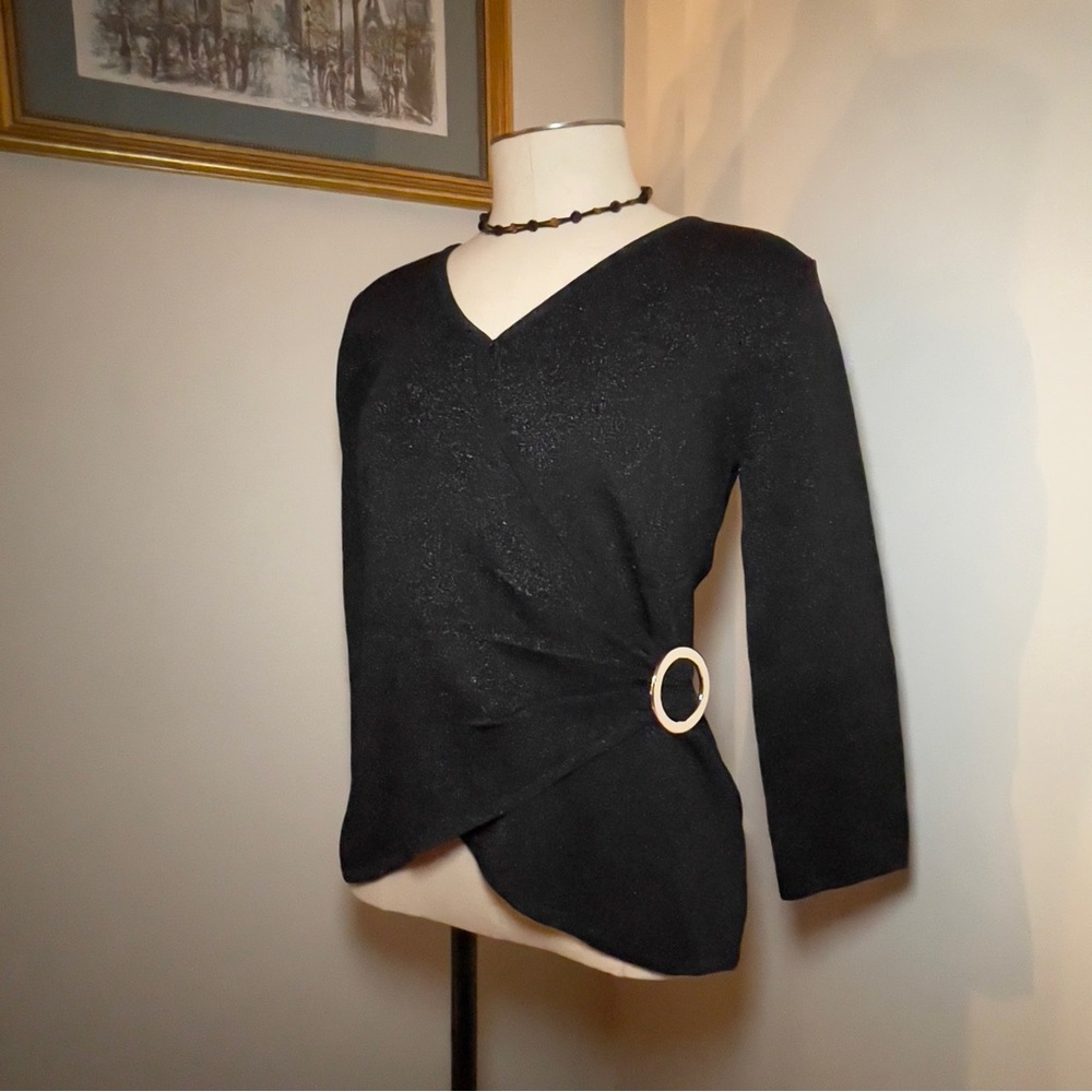 Black Sparkly V-Neck Faux Wrap Sweater Gold Ring Accent by Joseph A
Size Medium - Picture 3 of 15